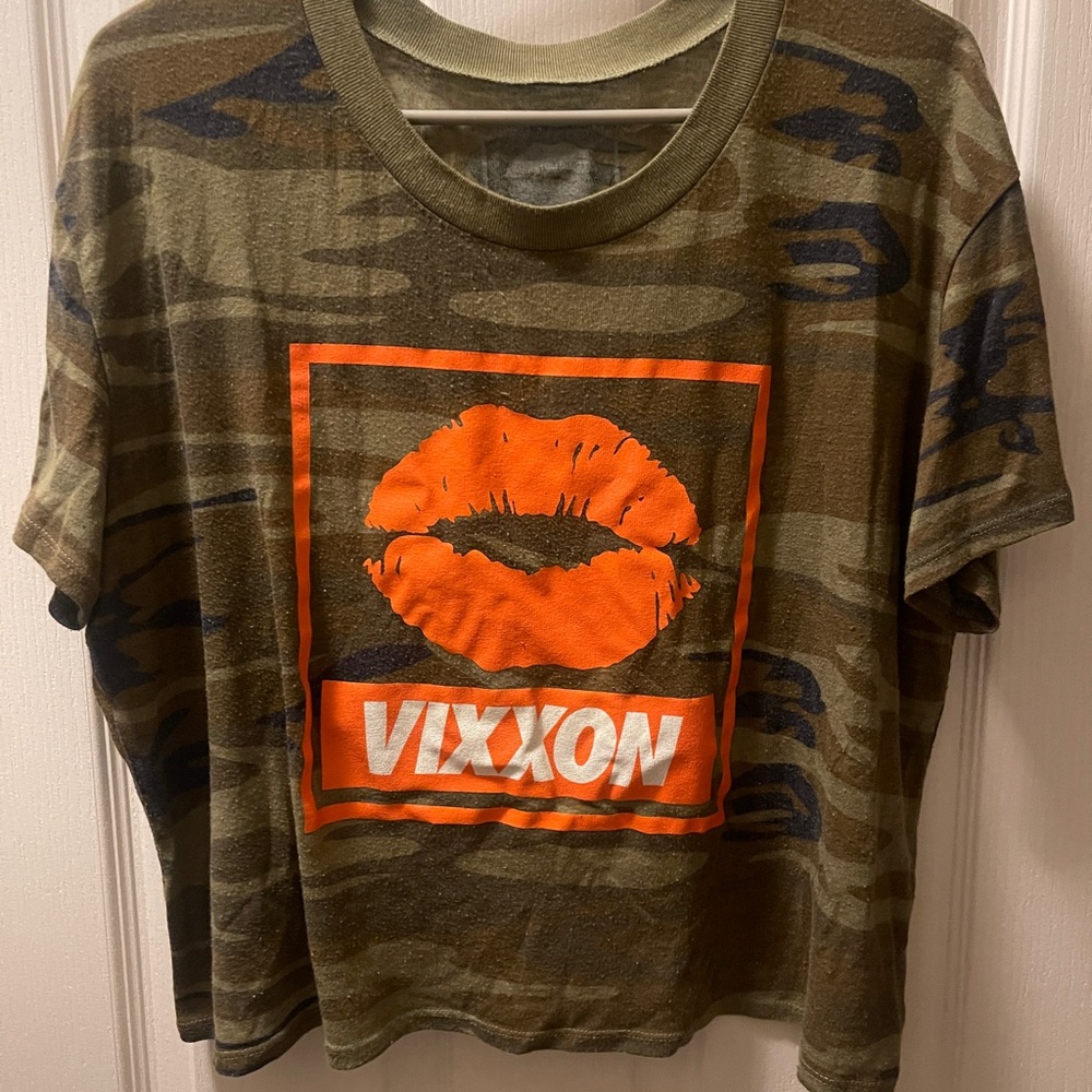 Vixxon camo and orange lip crop top